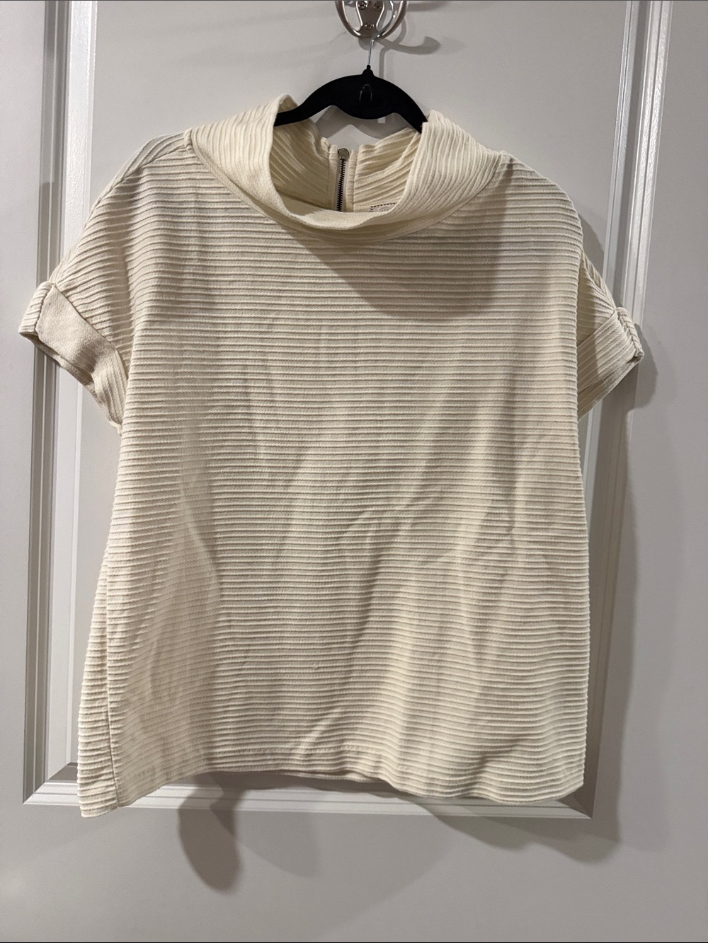 Anthropologie Cream Ribbed Cowl-Neck Short Sleeve Sweater